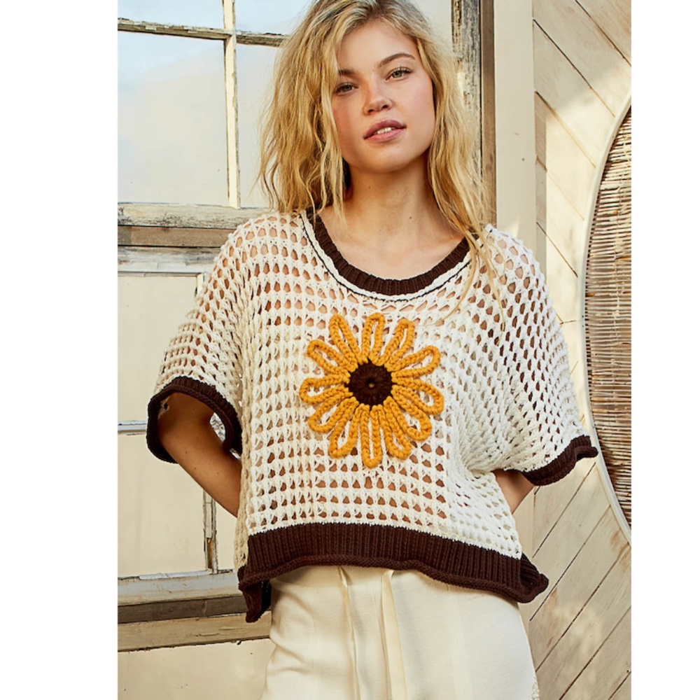 "The Bessie" Sunflower Open Crochet Knit Top - Picture 2 of 3